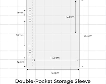 May include: Clear double-pocket storage sleeve with dimensions labeled in centimeters and millimeters. The sleeve is 16.7cm wide and 21.6cm tall, with two pockets. The text "Double-Pocket Storage Sleeve" is at the bottom, along with the "oops a Daisy" logo.