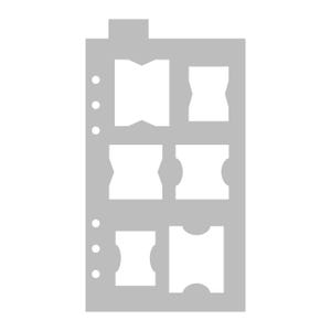 May include: A gray stencil with six differently shaped cut-out designs. The stencil has a rectangular shape with rounded corners and several holes along the left edge. The cut-out shapes are symmetrical and include bow-tie and rectangular forms.