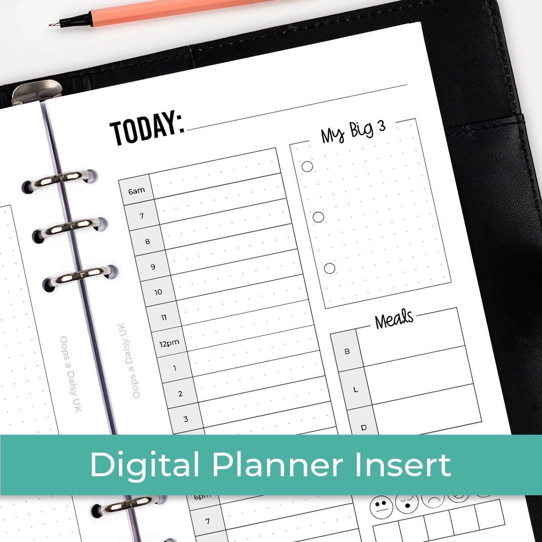 Printable Digital Daily Planner + Time Log Inserts A5 - to Do / Meal ...