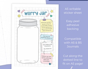 Worry Jar - Full Page Sticker Sheet - Large Journal Sticker - Features A Jar For Recording Your Worries, Make A Plan.