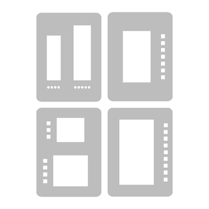 May include: Four gray rectangular shapes with white cutouts and small dot or square patterns. The shapes are arranged in a 2x2 grid. The cutouts vary in size and shape, creating a minimalist design.