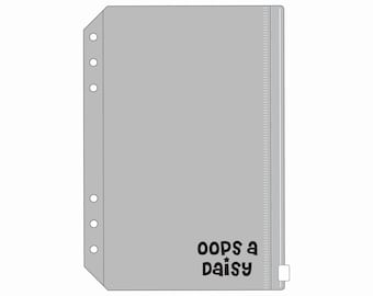 May include: A gray binder pouch with a zipper closure and pre-punched holes for easy insertion into a binder. The words "oops a daisy" are printed in black on the lower right corner of the pouch.