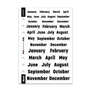 Monthly Headers - Block Font - Monochrome - A5 Sticker Sheet