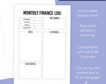 Monthly Finance Log - Full Page Sticker Sheet - Large Journal Sticker - Features A Tracker For Logging Your Finances.