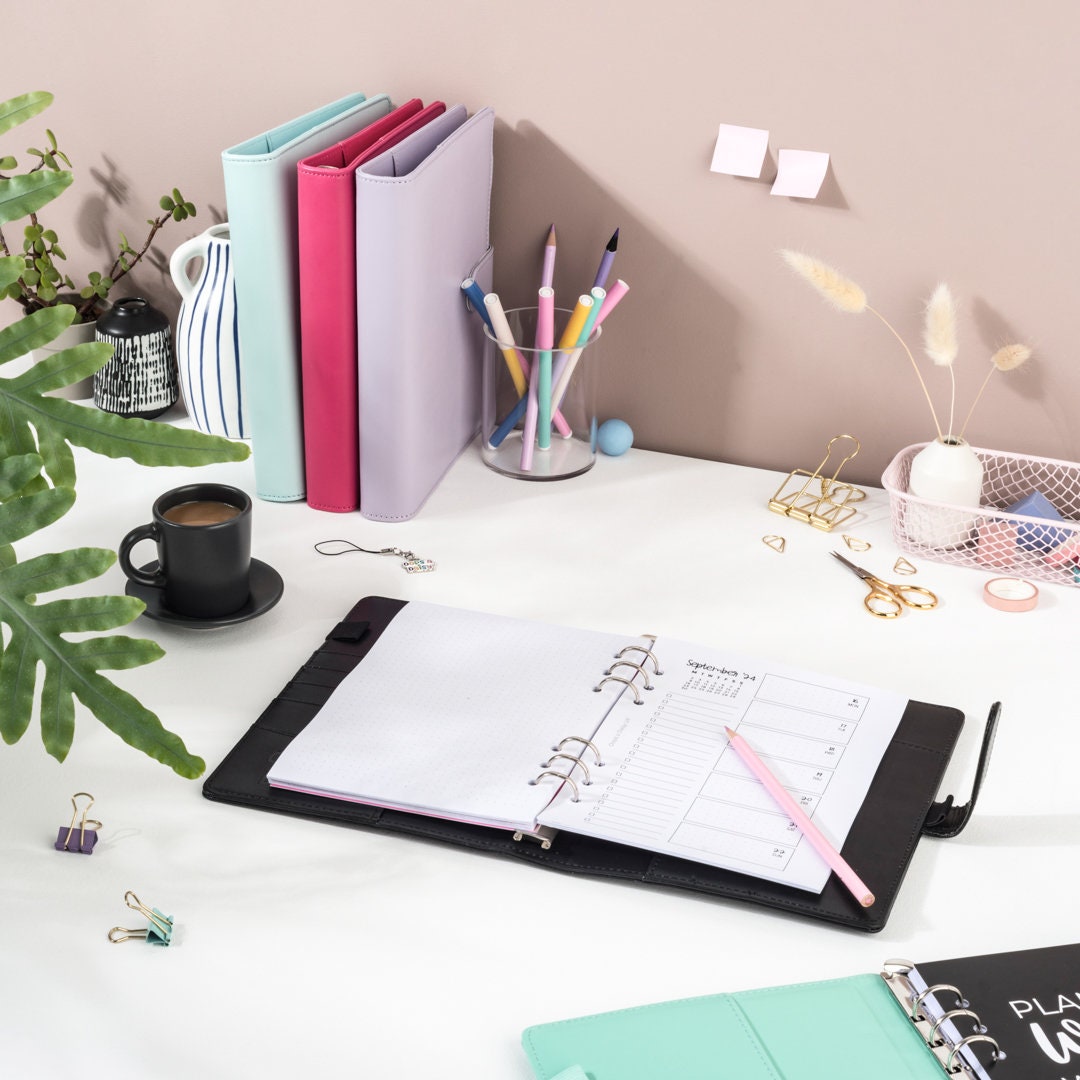 Black Vegan Leather 6-Ring Planner Binder - Personal Size Planner Cover With Pockets