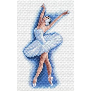 May include: A ballerina in a white tutu with blue accents is posed in mid-air with her arms outstretched. The background is a white canvas.
