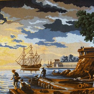 May include: A painting depicting a seascape with two sailing ships in the water, a stone building on the shore, and people gathered around a fire.