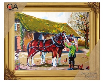May include: A painting of two brown horses pulling a cart, with a man in a green and white shirt standing next to them. The horses are in front of a red brick building with a thatched roof. There are chickens in the foreground.