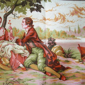 May include: A painting of a couple in a romantic setting. The woman is wearing a red dress and the man is wearing a green and red suit. They are sitting under a tree by a river with a boat in the distance.