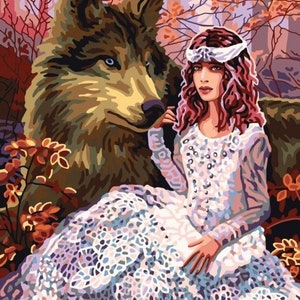 May include: A woman in a white dress with a white headband sits with a wolf in a forest setting. The woman has long red hair and the wolf has blue eyes. The background is a blurred image of trees and leaves.