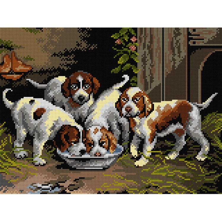 Printed Canvas for Cross Stitch Tapestry Gobelin Embroidery Orchidea "Puppies Drink Water" 3521J