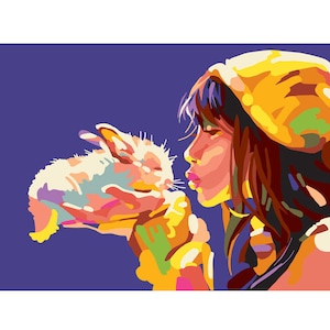 Könnte beinhalten: Pop-Art-Illustration einer Person, die einen kleinen Hasen küsst. Der Hase wird in der Hand der Person gehalten. Der Hintergrund ist einfarbig lila. Die Person trägt eine gelbe Kapuze.