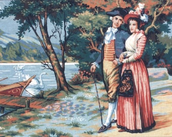 May include: A painting of a couple in 18th-century clothing standing in a park setting. The man is wearing a blue and white striped jacket and the woman is wearing a red and white dress. They are standing near a lake with a small boat and a white house in the background.
