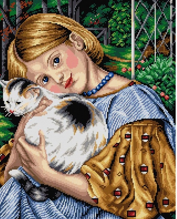 A Girl with a Cat Printed Canvas for Cross Stitch Tapestry Gobelin  Embroidery Orchidea 2463