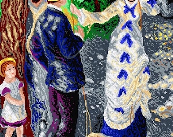 May include: A painting depicting a group of people in a park setting. A woman in a white dress with blue accents is on a swing, while a man in a blue jacket and purple pants watches. A young girl in a purple dress stands nearby. The background features trees and foliage.