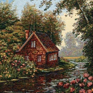 Fisherman&#39;s House Panel Tapestry Gobelin Decorating Fabric 13 x 18&quot;