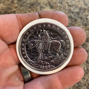 Limited Edition Collector Quality Sticker of Hobo Nickel Carving “Death Dealer” by Dwayne Wolosiewicz of Wolosiewicz Art