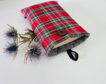 Padded fabric book pocket with button closure, protective cover. red tartan