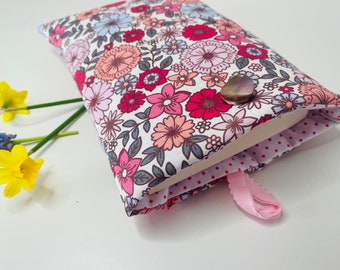 Fleece fabric book pouch with button closure, book protection cover. Multi flowers