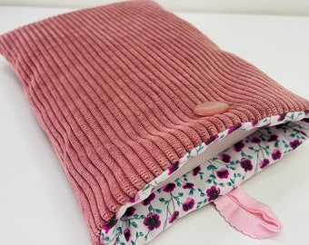 Fleece fabric book pouch with button closure, pocket-sized book protection cover. Old pink corduroy