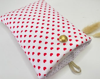 Fleece fabric book pouch with button closure, book protection cover. Little Hearts