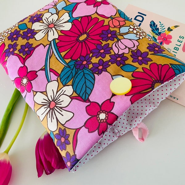 Fleece fabric book pouch with button closure, book protection cover. Summer flowers