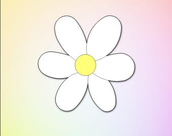 May include: A white daisy cookie cutter with a yellow center. The cookie cutter is a simple design with five petals.