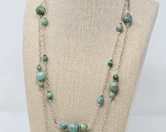 Sterling Silver Turquoise Double Strand Necklace | Southwestern Layered Blue Green Beads