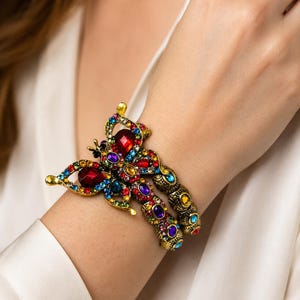Vintage Maximalist Y2K Glam Statement Multicolor Pavé Crystal Clamper Bracelet Pavé Dome Multicolor Crystal Bangle Bracelet in Gold Tone main image 4