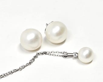 Conjunto de collar de plata de ley y perlas auténticas: colgante clásico de perlas con pendientes a juego.