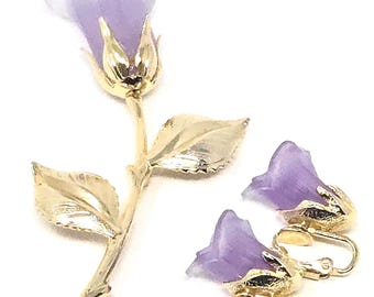 Broszka i kolczyki w kolorze fioletowej róży w stylu vintage, złoty odcień, akrylowy kwiat, półparure