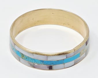 Vintage Turquoise Mother of Pearl Inlay Bangle Bracelet | Brass Southwestern Cuff