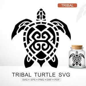 May include: A black graphic of a sea turtle with intricate patterns on its shell, labeled TRIBAL TURTLE SVG. The image includes a small glass jar with a cork stopper containing a miniature version of the same turtle design and file formats.