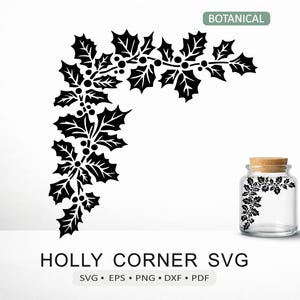 Archivo SVG de Holly Berry Corner / Archivo de corte de follaje navideño botánico para Cricut, Silhouette y láser / eps dxf png pdf Descarga digital