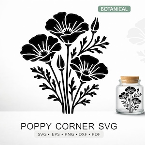 Papavero della California SVG / Trio di fiori selvatici File di taglio floreale / Fiore botanico / Cricut Silhouette Laser eps dxf pdf png Download digitale