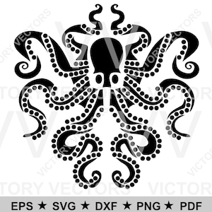 May include: Black and white silhouette of an octopus with eight tentacles. The octopus is stylized with a dotted pattern on the tentacles.