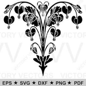 May include: Black and white silhouette of a stylized floral design with heart-shaped flowers. The design is symmetrical and resembles a bouquet of flowers.