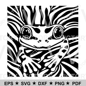 Puede incluir: Ilustración en blanco y negro de una rana con ojos grandes, sentada en un remolino de líneas blancas y negras.