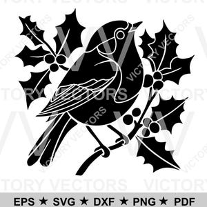 Arquivo vetorial de peito vermelho de tordo britânico em pássaro azevinho para corte, impressão, vinil, laser, SVG, Cricut, silhueta, dxf pdf eps png Download digital