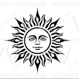 May include: Black and white sun design with a face, surrounded by stylized flames and pointed rays. The image includes text: EPS, SVG, DXF, PNG, PDF, Cutting File for Sticker, Decal, CNC.