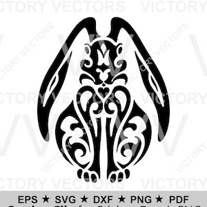 May include: Black and white graphic of a rabbit with intricate tribal-style patterns. The image includes the text "Cutting File for Sticker, Decal, CNC" and file type abbreviations.
