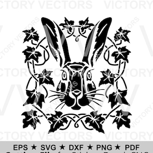 Könnte beinhalten: Schwarz-weiße Vektorillustration eines Hasengesichts, umgeben von stilisierten Blättern und Ranken. Der Text "Cutting File for Sticker, Decal, CNC" und Dateityp-Abkürzungen sind enthalten.