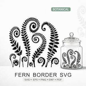 May include: A black graphic illustration of multiple fern fronds with curled tips, displayed as a border design. To the right, a clear glass jar with a lid features the same fern pattern. The text "BOTANICAL" and "FERN BORDER SVG" is visible.