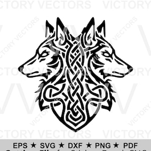 Op de afbeelding: Zwart-wit afbeelding van twee wolvenkoppen die tegenover elkaar staan, verweven met Keltische knoopwerk. De afbeelding bevat de tekst: "Cutting File for Sticker, Decal, CNC."