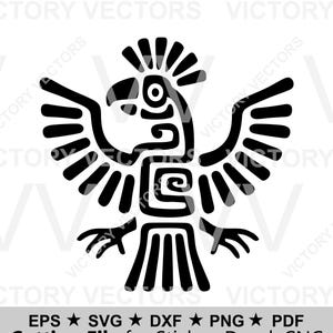 Puede incluir: Ilustración vectorial negra de un ave estilizada con alas extendidas y patrones geométricos. Ideal para pegatinas, calcomanías o proyectos CNC. El texto indica formatos de archivo: EPS, SVG, DXF, PNG y PDF.