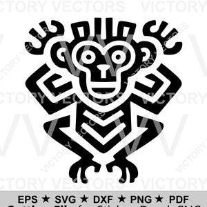 May include: Black and white graphic of a stylized monkey with geometric shapes. The image includes the text "Cutting File for Sticker, Decal, CNC" and file type icons: EPS, SVG, DXF, PNG, and PDF.