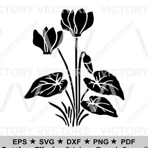 May include: Black and white floral design featuring stylized flowers, leaves, and grass. The image is a cutting file for stickers, decals, and stencils. Text at the bottom indicates file formats: EPS, SVG, DXF, PNG, and PDF.