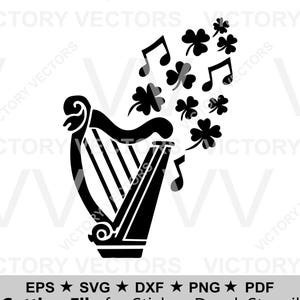 Könnte beinhalten: Schwarz-weiße Vektorgrafik einer Harfe mit Noten und Kleeblättern. Der Text unten lautet "Cutting File for Sticker, Decal, Stencil". Geeignet für Bastelarbeiten zum St. Patrick's Day.