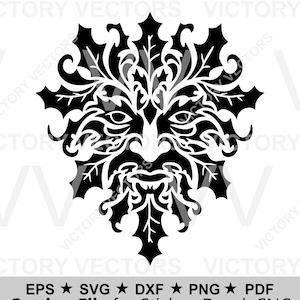 May include: Black and white vector graphic of a Green Man face, featuring intricate leaf and foliage details. The design includes eyes, a nose, and a beard, with text at the bottom indicating it's a cutting file for stickers, decals, and CNC projects.