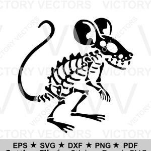 May include: Black and white vector illustration of a mouse skeleton. The design features a detailed depiction of the skeletal structure, including the skull, ribs, spine, and limbs. The image includes the text: Cutting File for Sticker, Decal, CNC.
